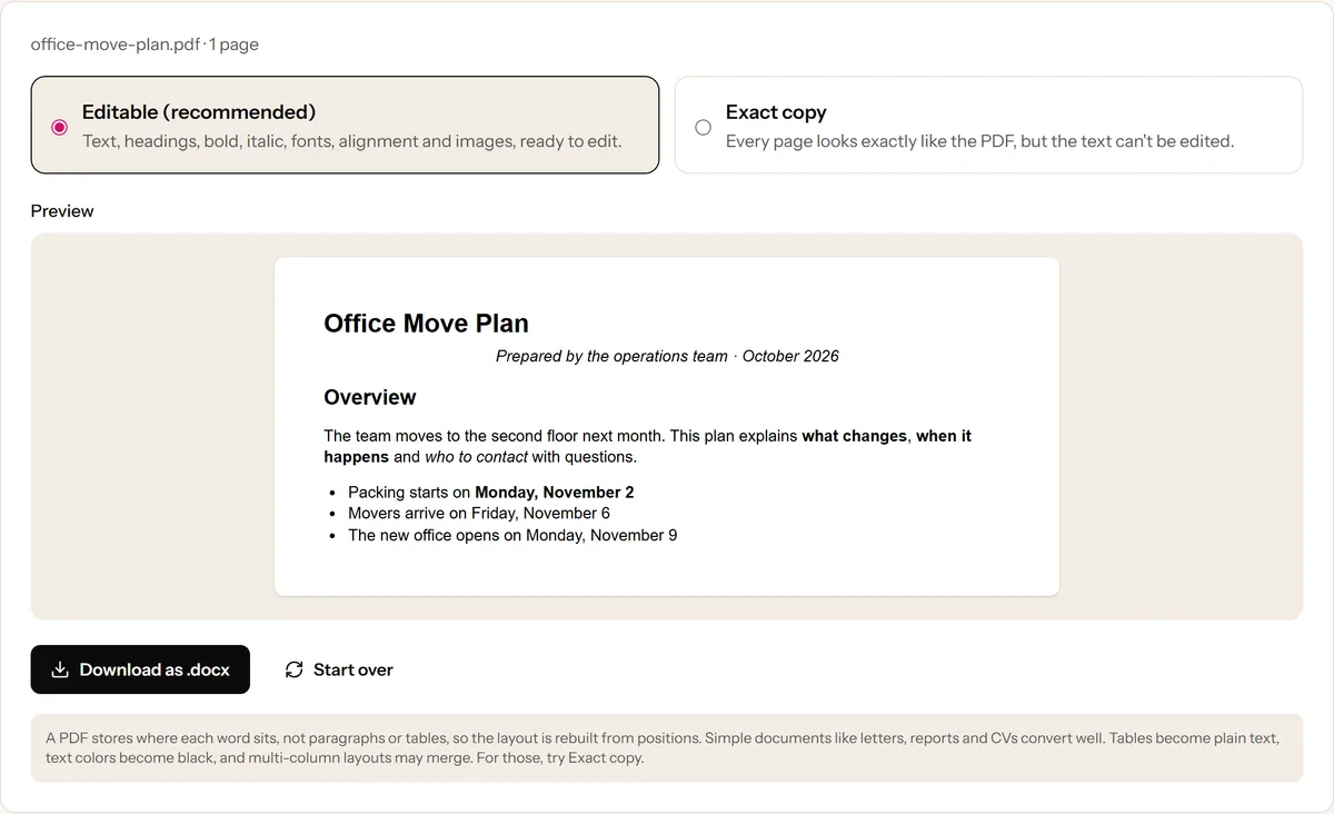 PDF to Word showing a preview of a converted letter with its heading, bold and italic text and bullet points