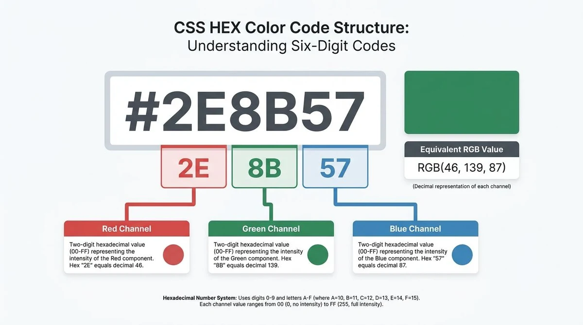 Six-digit HEX color #2E8B57 showing red pair 2E, green pair 8B, and blue pair 57