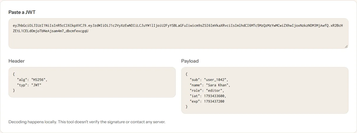 The JWT Decoder showing a token's header and payload