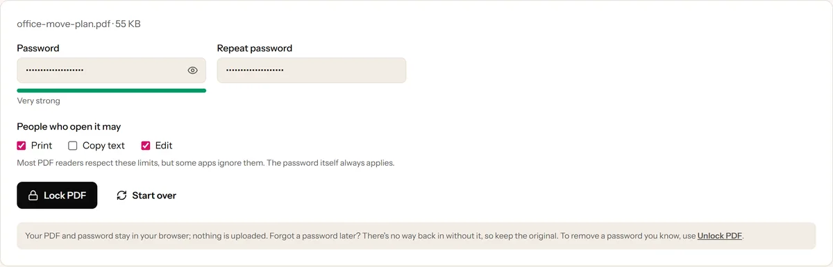 Protect PDF with a password typed twice, a strength bar showing Very strong, and print, copy and edit options