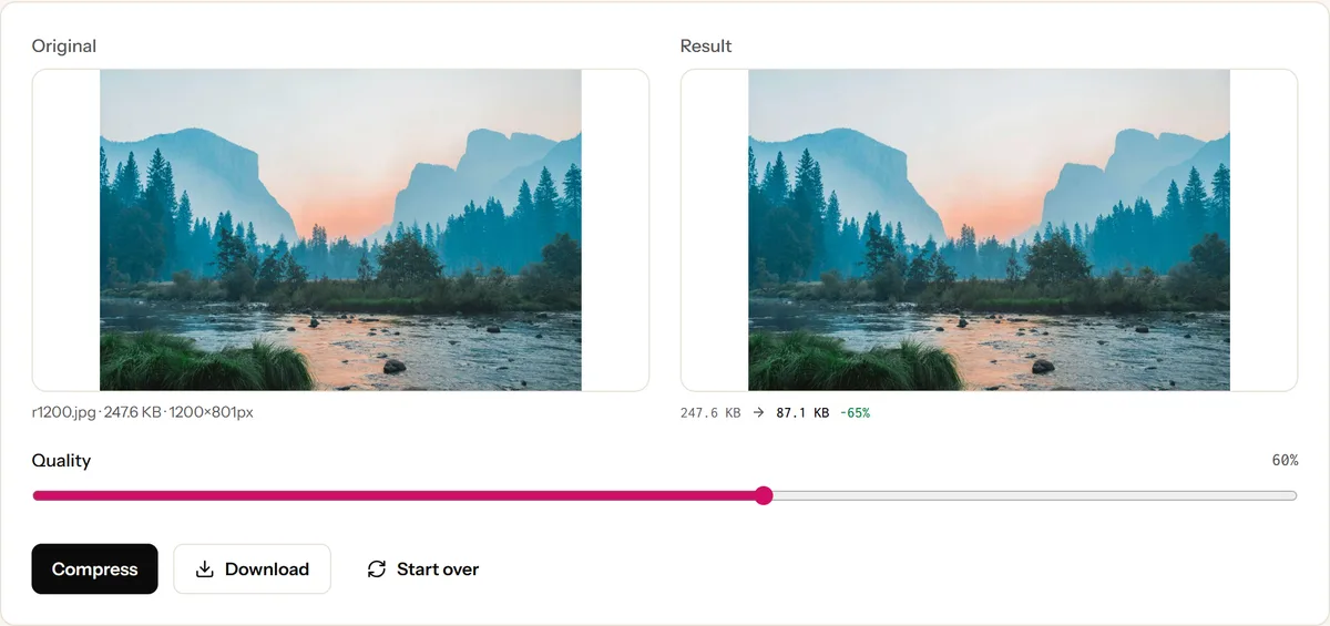 The Image Compressor reducing a 1200-pixel photo from 247.6 KB to 87.1 KB
